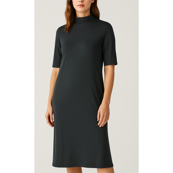 Eileen Fisher Stretch Jersey Knit Mock Neck Dress Midi Half Sleeve Black Size XL - Picture 1 of 14